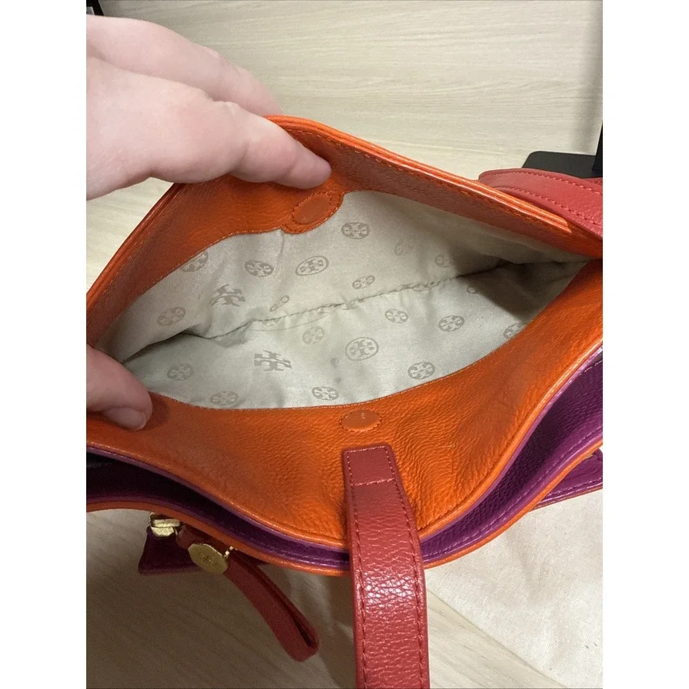 Tory Burch Pebbled Leather Crossbody‎ Bag Orange Red Leather Gold Expandable